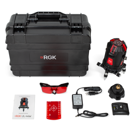 Комплект: лазерный уровень RGK UL-44W Black + штанга-упор, приемник, рейка